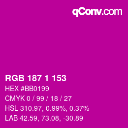 カラーコード: RGB 187 1 153 | qconv.com
