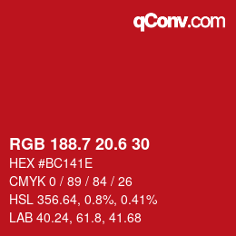 カラーコード: RGB 188.7 20.6 30 | qconv.com