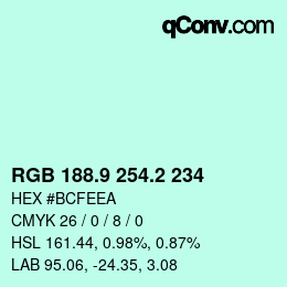Color code: RGB 188.9 254.2 234 | qconv.com