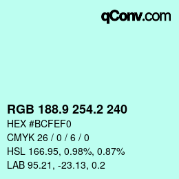 Color code: RGB 188.9 254.2 240 | qconv.com