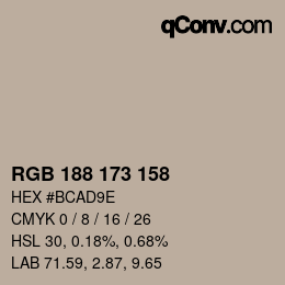 Color code: RGB 188 173 158 | qconv.com