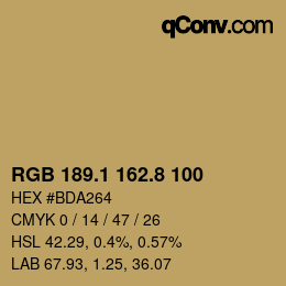 Color code: RGB 189.1 162.8 100 | qconv.com