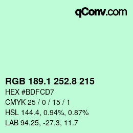 Color code: RGB 189.1 252.8 215 | qconv.com