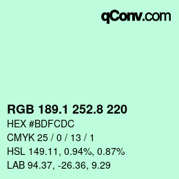 Color code: RGB 189.1 252.8 220 | qconv.com