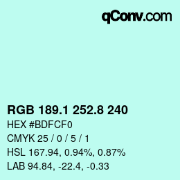 Color code: RGB 189.1 252.8 240 | qconv.com