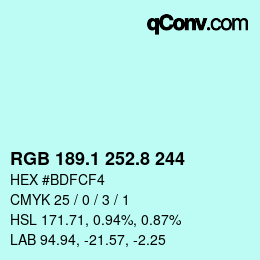 Color code: RGB 189.1 252.8 244 | qconv.com