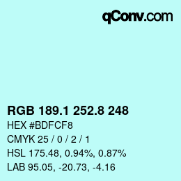 Color code: RGB 189.1 252.8 248 | qconv.com