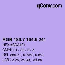 カラーコード: RGB 189.7 164.6 241 | qconv.com