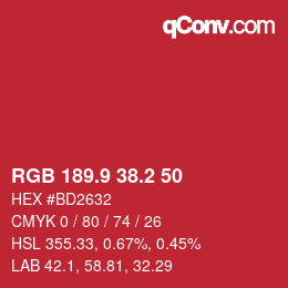 カラーコード: RGB 189.9 38.2 50 | qconv.com