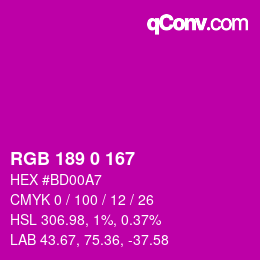 カラーコード: RGB 189 0 167 | qconv.com