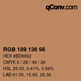 Color code: RGB 189 136 98 | qconv.com
