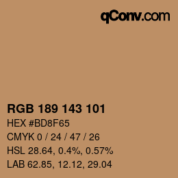 Color code: RGB 189 143 101 | qconv.com