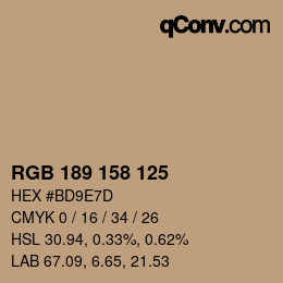 Color code: RGB 189 158 125 | qconv.com