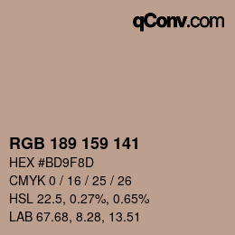 Color code: RGB 189 159 141 | qconv.com