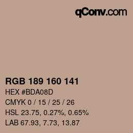 Color code: RGB 189 160 141 | qconv.com
