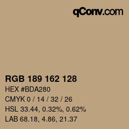 Color code: RGB 189 162 128 | qconv.com