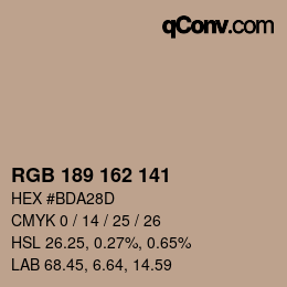 Color code: RGB 189 162 141 | qconv.com