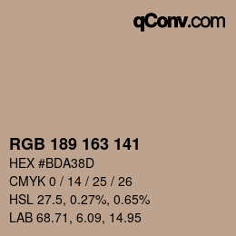 Color code: RGB 189 163 141 | qconv.com