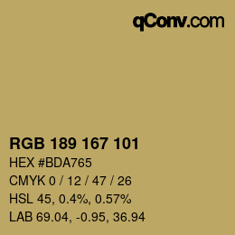 Color code: RGB 189 167 101 | qconv.com