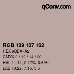 Color code: RGB 189 167 162 | qconv.com