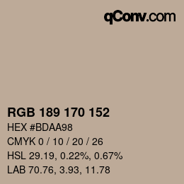 Color code: RGB 189 170 152 | qconv.com