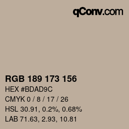 Color code: RGB 189 173 156 | qconv.com