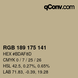 カラーコード: RGB 189 175 141 | qconv.com
