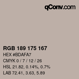 Color code: RGB 189 175 167 | qconv.com