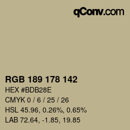 Color code: RGB 189 178 142 | qconv.com