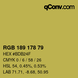 Color code: RGB 189 178 79 | qconv.com