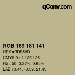 Color code: RGB 189 181 141 | qconv.com