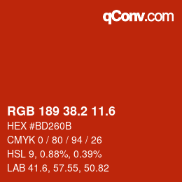 カラーコード: RGB 189 38.2 11.6 | qconv.com