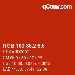 カラーコード: RGB 189 38.2 6.6 | qconv.com