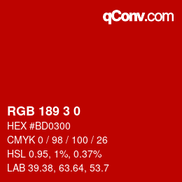 Color code: RGB 189 3 0 | qconv.com