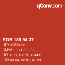 Color code: RGB 189 54 37 | qconv.com