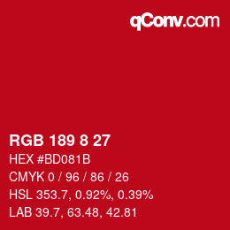 カラーコード: RGB 189 8 27 | qconv.com