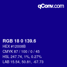 カラーコード: RGB 18 0 139.6 | qconv.com