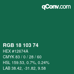 Color code: RGB 18 103 74 | qconv.com