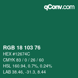 Color code: RGB 18 103 76 | qconv.com