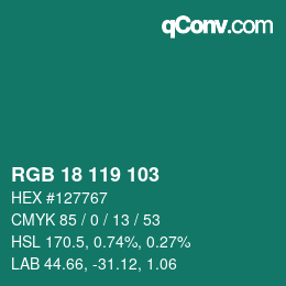 カラーコード: RGB 18 119 103 | qconv.com