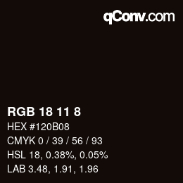 颜色代码: RGB 18 11 8 | qconv.com