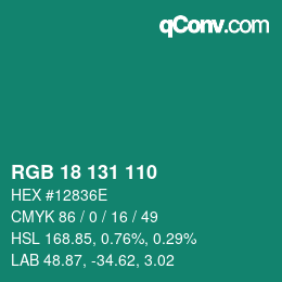 Color code: RGB 18 131 110 | qconv.com
