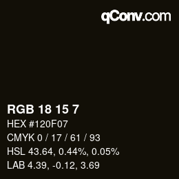 颜色代码: RGB 18 15 7 | qconv.com