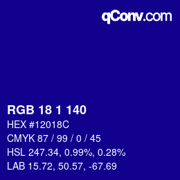Color code: RGB 18 1 140 | qconv.com