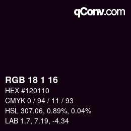 カラーコード: RGB 18 1 16 | qconv.com