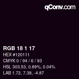 カラーコード: RGB 18 1 17 | qconv.com