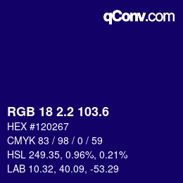 カラーコード: RGB 18 2.2 103.6 | qconv.com