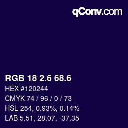 カラーコード: RGB 18 2.6 68.6 | qconv.com