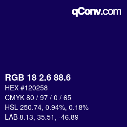 カラーコード: RGB 18 2.6 88.6 | qconv.com