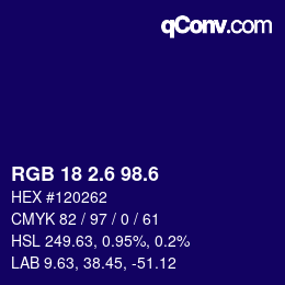 カラーコード: RGB 18 2.6 98.6 | qconv.com